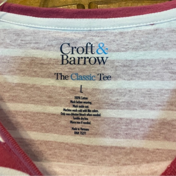 Croft & Barrow Classic Tee Top Women's XL Rose Pink White Stripe Long Sleeve NWT - Picture 2 of 6